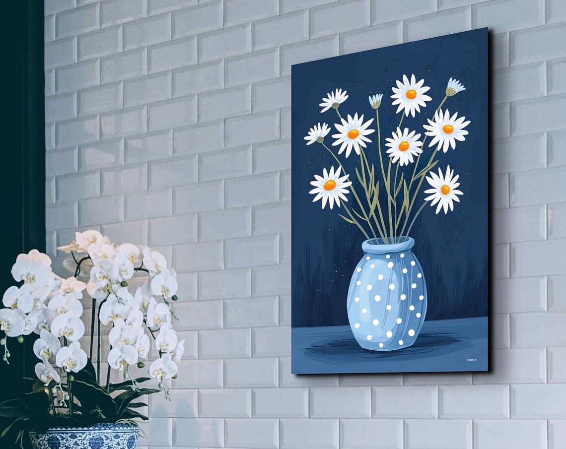Chamomile Flowers In A Blue Vase, Minimalist Pop Art