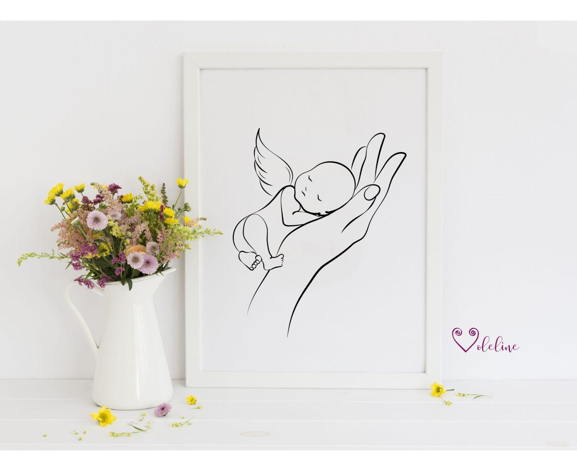 Angel Baby in Mother Hand Line Drawing Minimalist Nursery Print