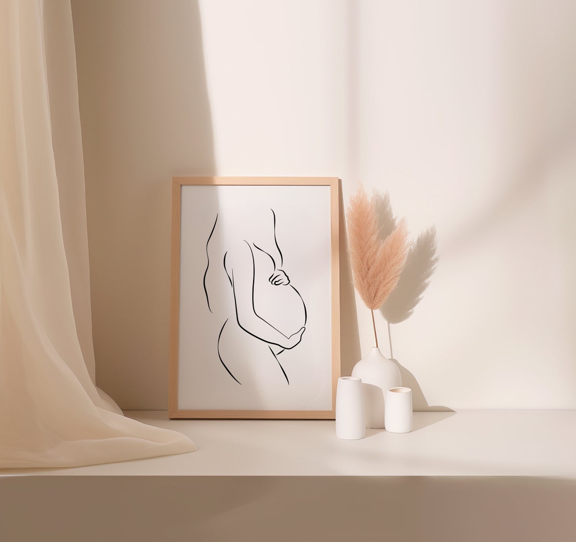 Pregnant Woman Line Art Minimalist Maternity Belly Embrace Print - Image 2