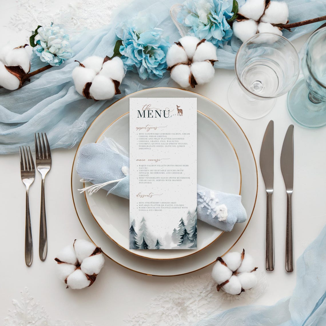 Elegant Winter Baby Shower Menu Card Deer Pine Template Print - Image 3