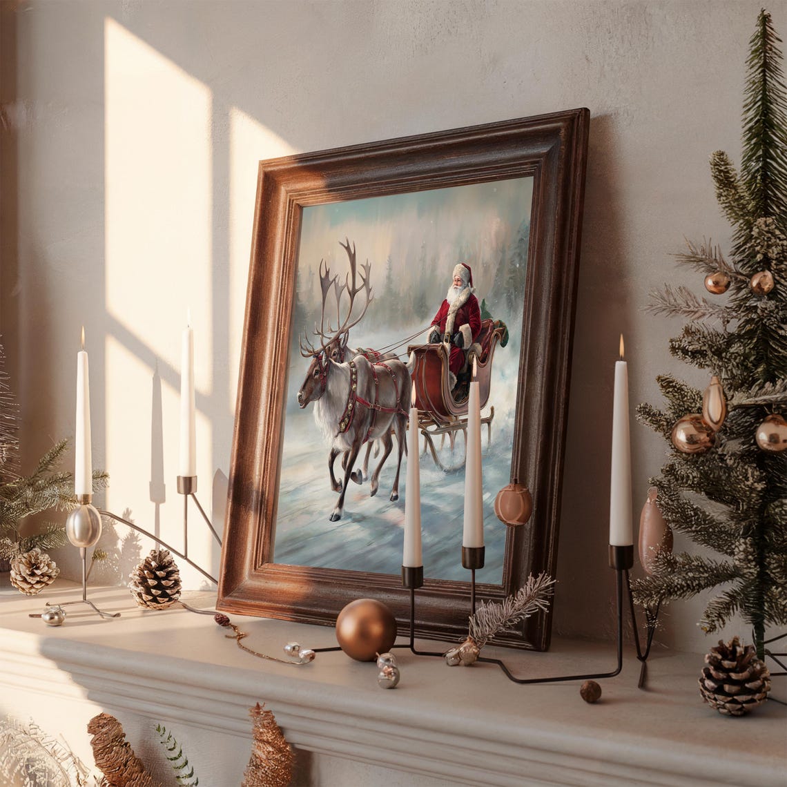 Vintage Santa Claus Sleigh Reindeer Snowy Night Painting Poster - Image 3