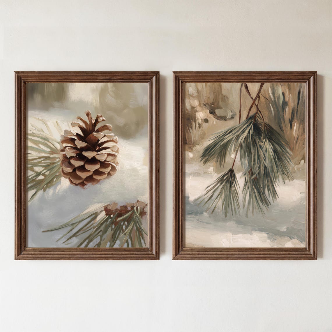 Winter Pinecone and Pine Branch Botanical Pair Painting Poster