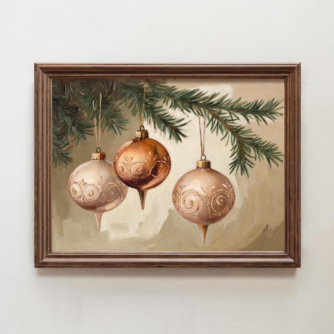Vintage Rose Gold Christmas Ornaments Pine Branch Painting Poster