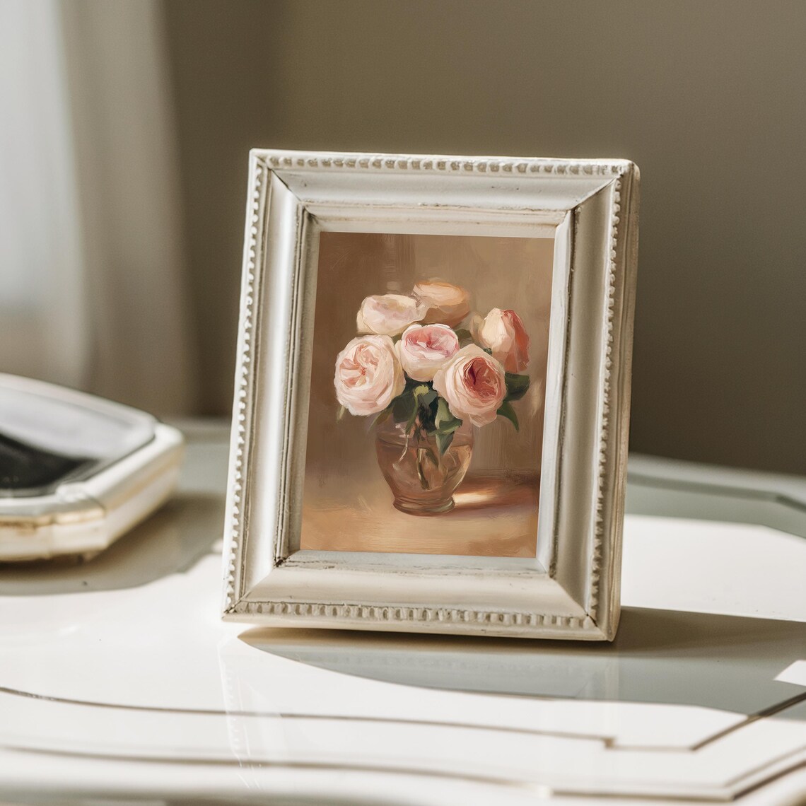 Blush Pink Garden Roses in Glass Vase Soft Warm Oil Painting Poster - Image 3