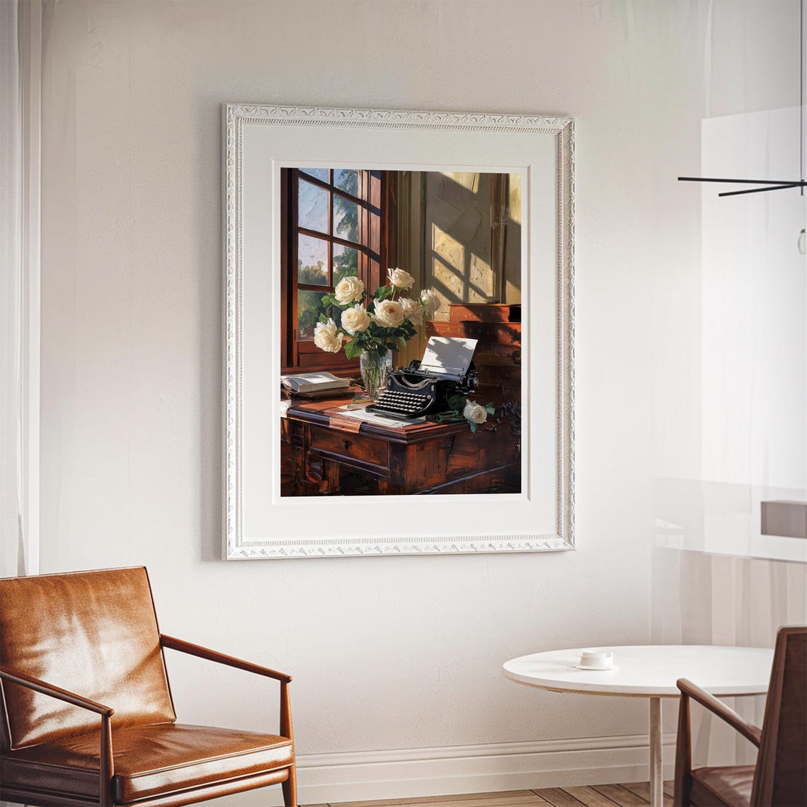 Antique Typewriter With White Roses Sunny Window Still Life Poster - Image 2
