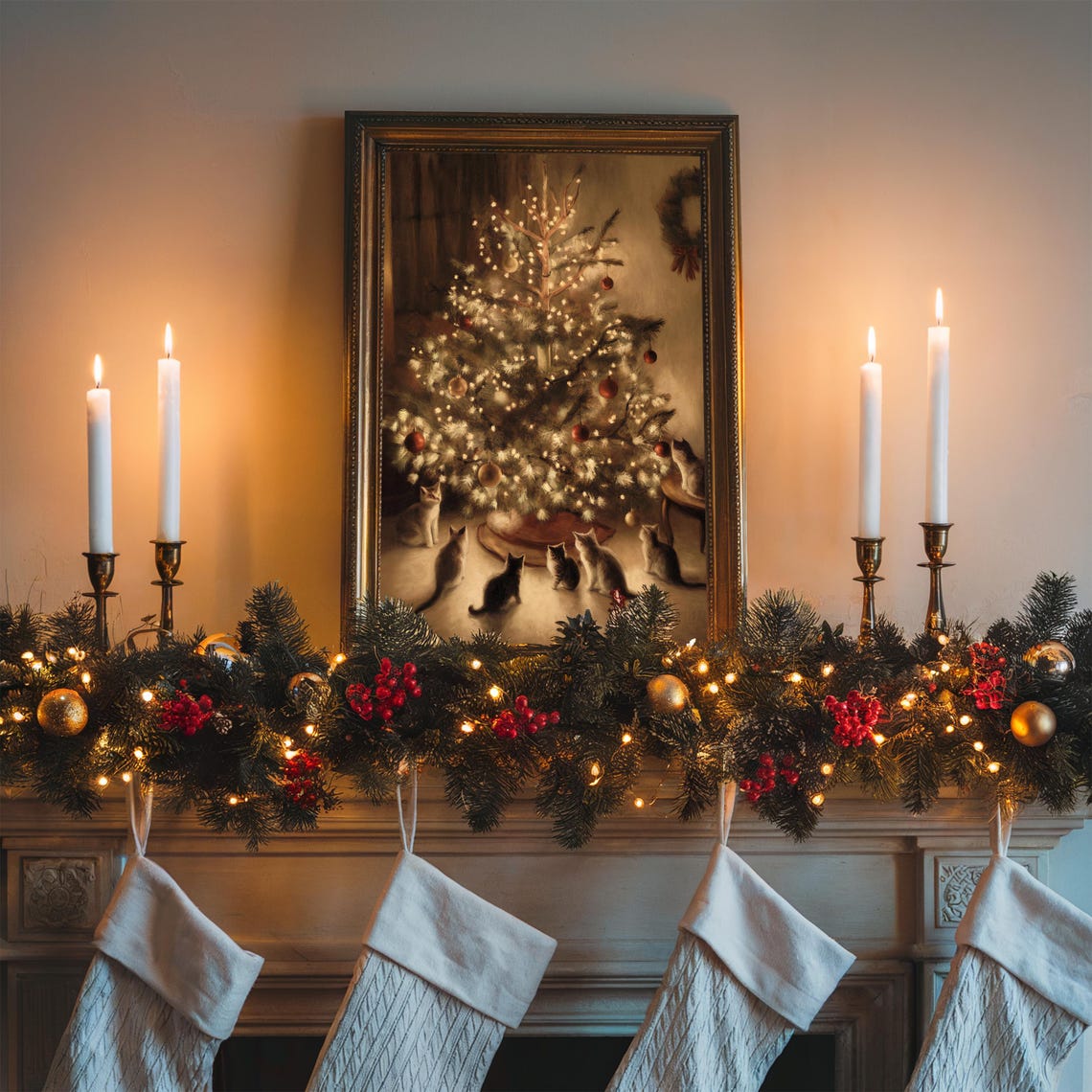 Six Cozy Cats Gathered Around Lit Christmas Tree Vintage Poster - Image 4