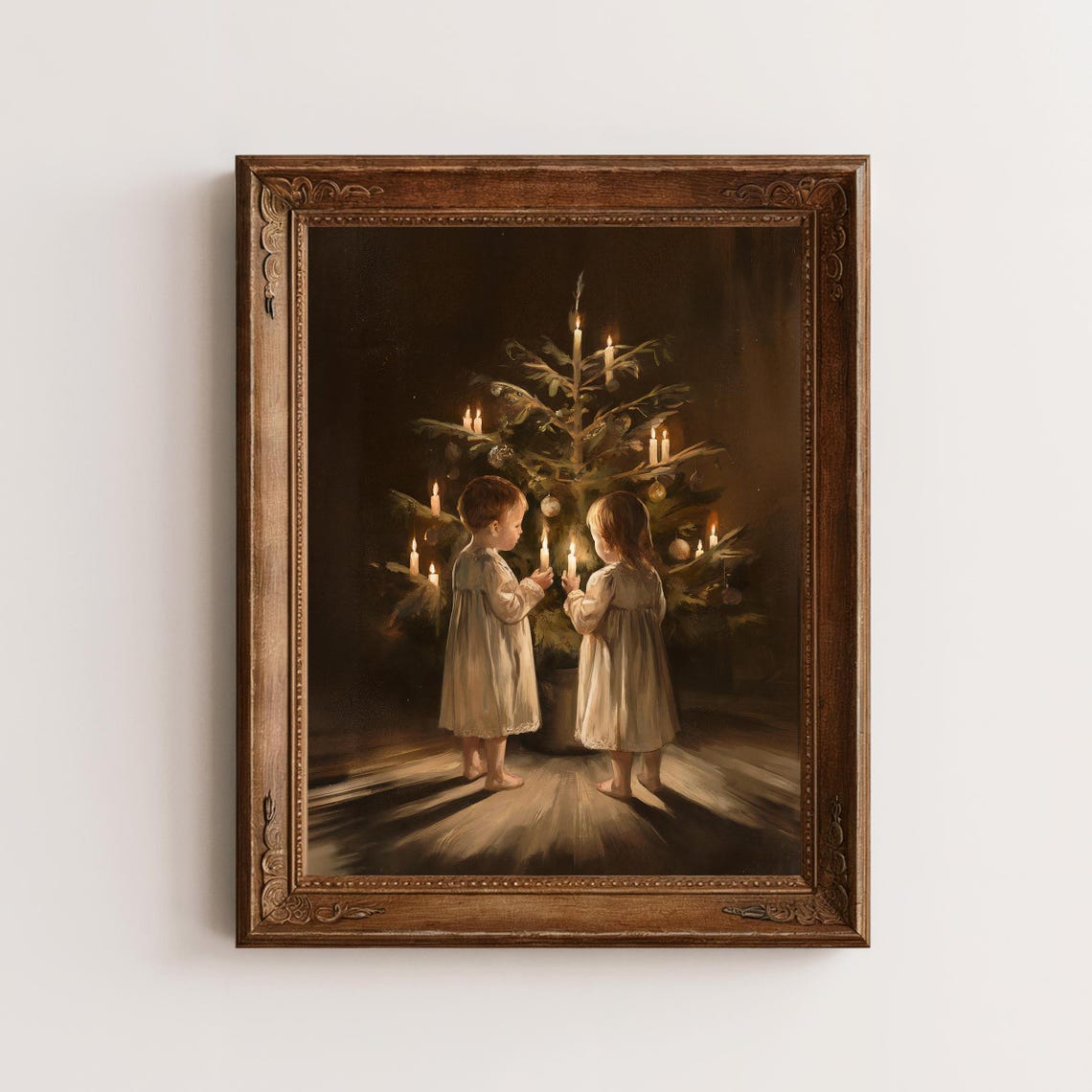 Vintage Children Holding Candles Before Dark Christmas Tree Poster