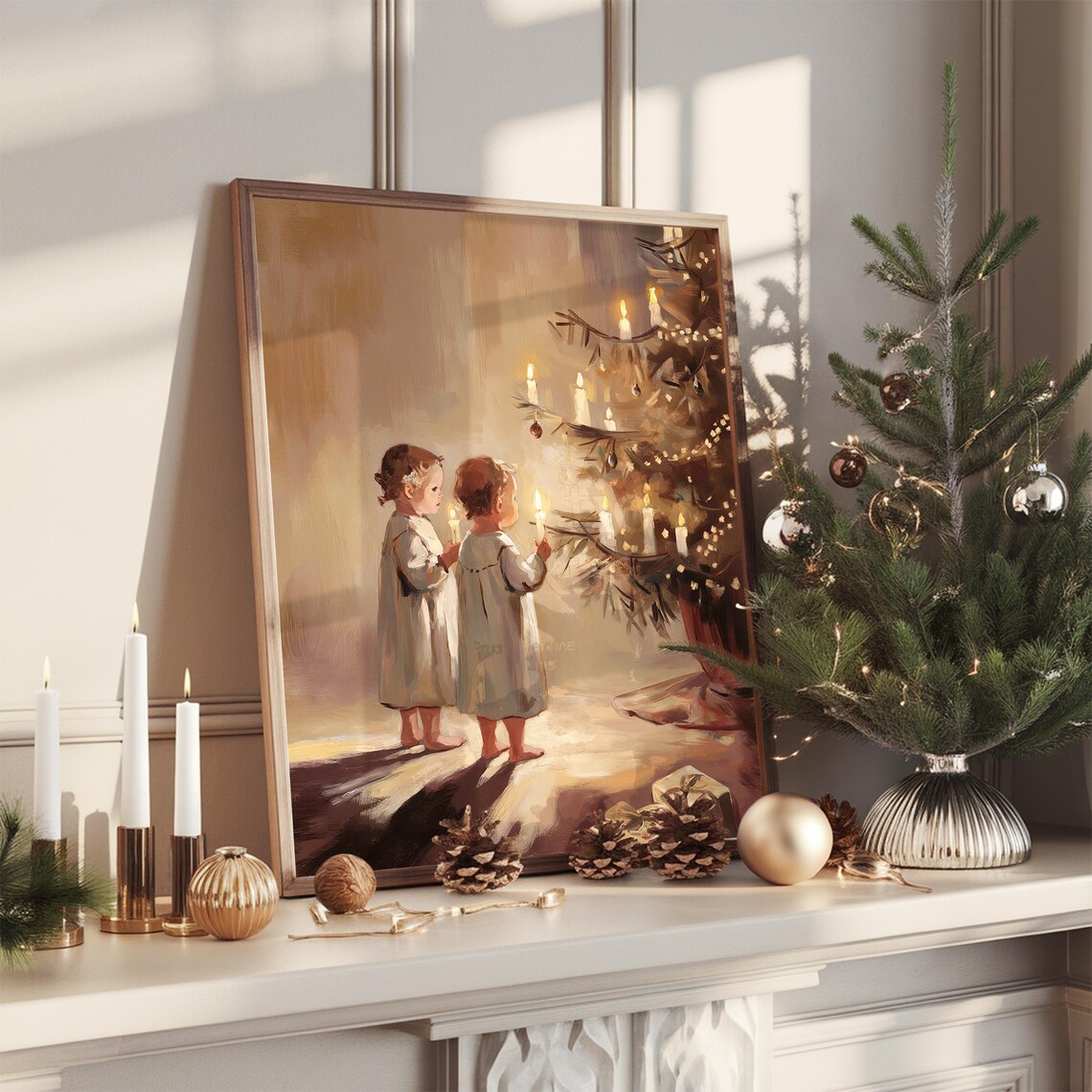 Vintage Children With Candles by Christmas Tree Night Poster - Image 3