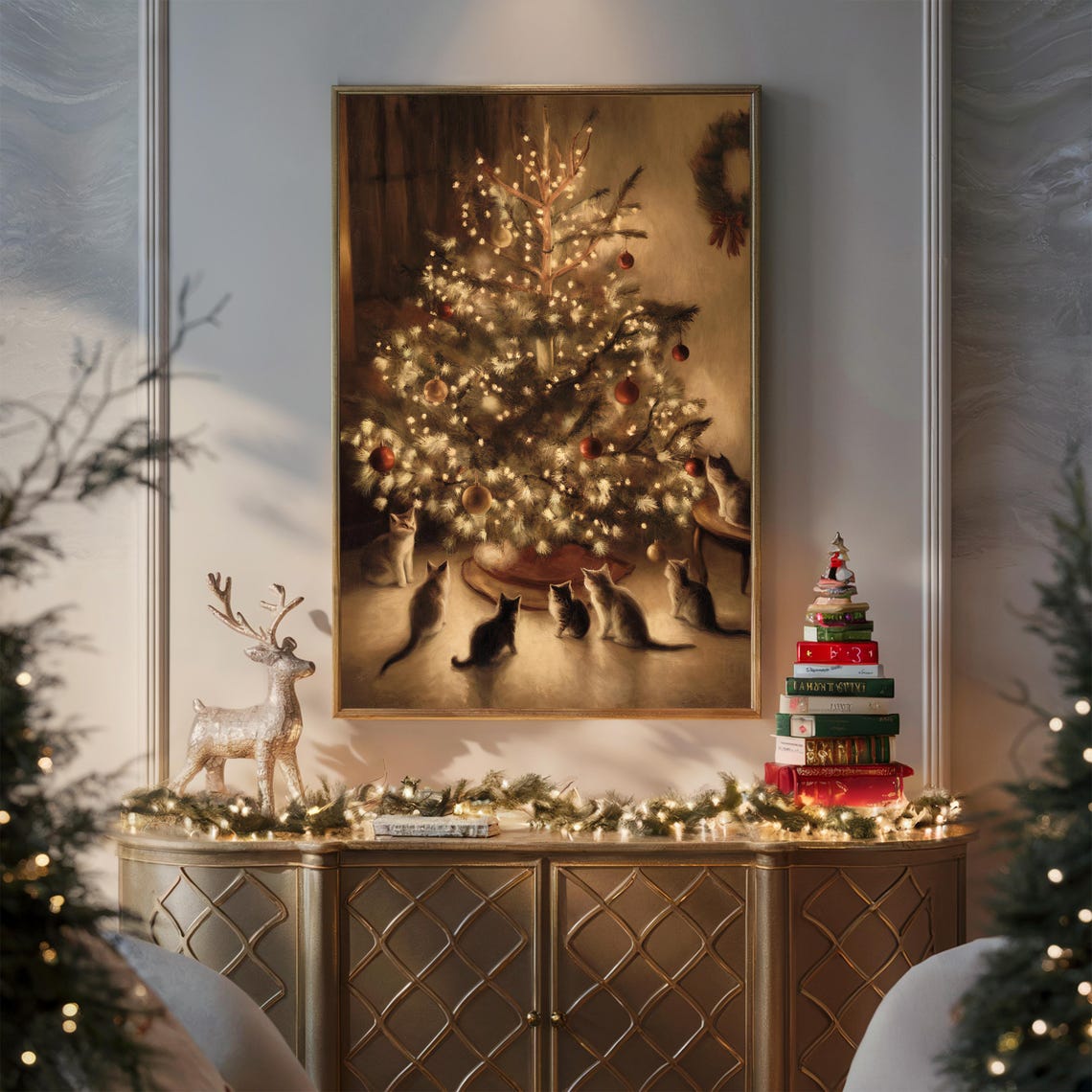 Six Cozy Cats Gathered Around Lit Christmas Tree Vintage Poster - Image 3
