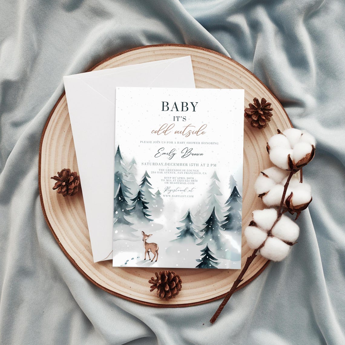 Baby Shower Invitation Winter Deer Pine Forest Cold Outside Print - Image 2