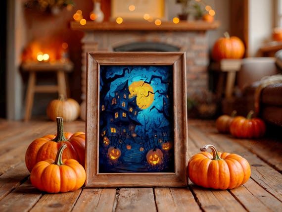 Haunted House Halloween Poster With Yellow Moon Bats And Glowing Windows