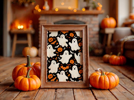 Halloween Poster With Cute Ghosts And Pumpkins Adorable Wall Art Spooky Home Decor