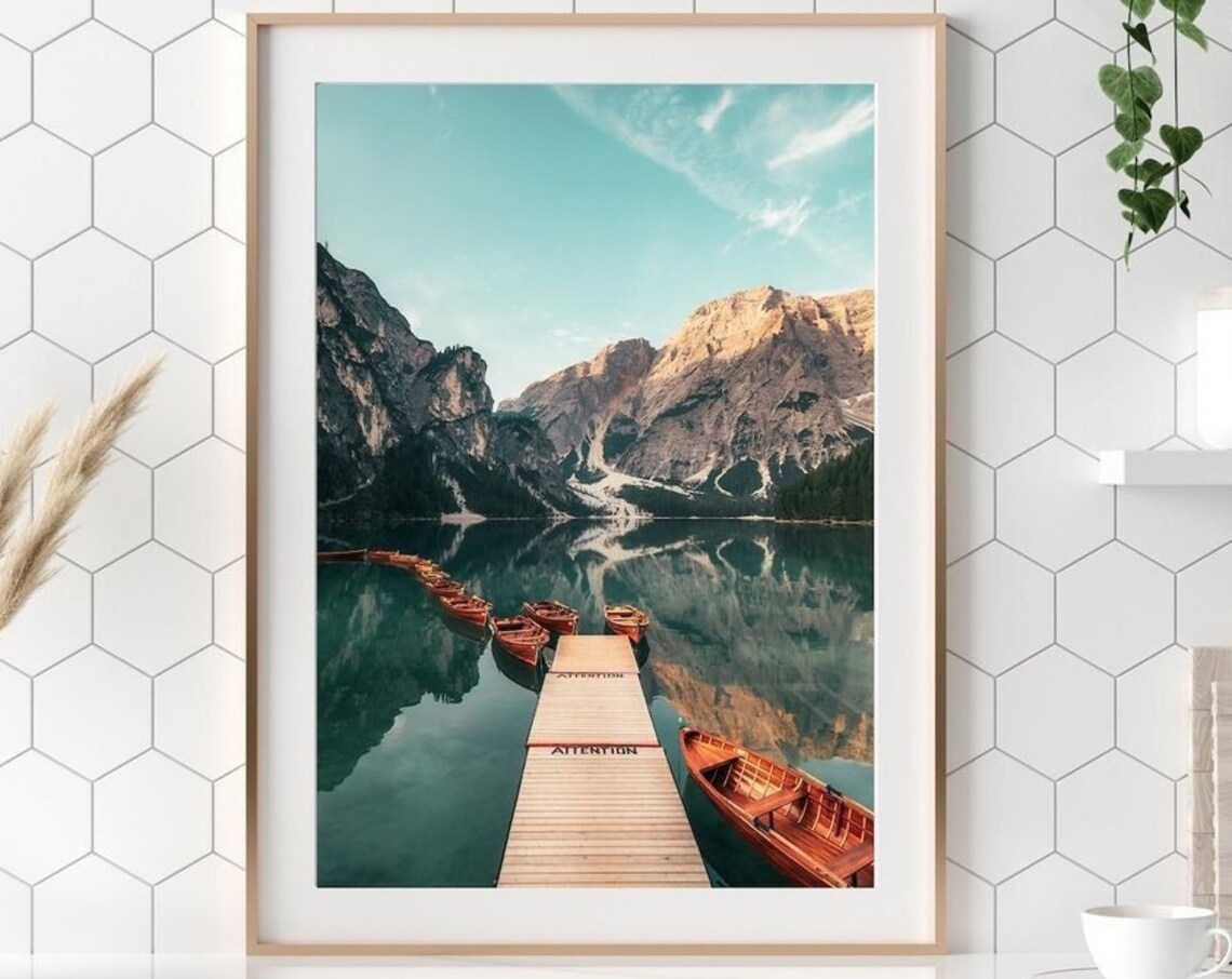 Lago Di Braies Dolomites Wooden Dock Rowboats Alpine Lake Poster - Image 3
