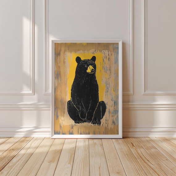 Seated Black Bear Ink Illustration on a Mustard Yellow Texture Poster