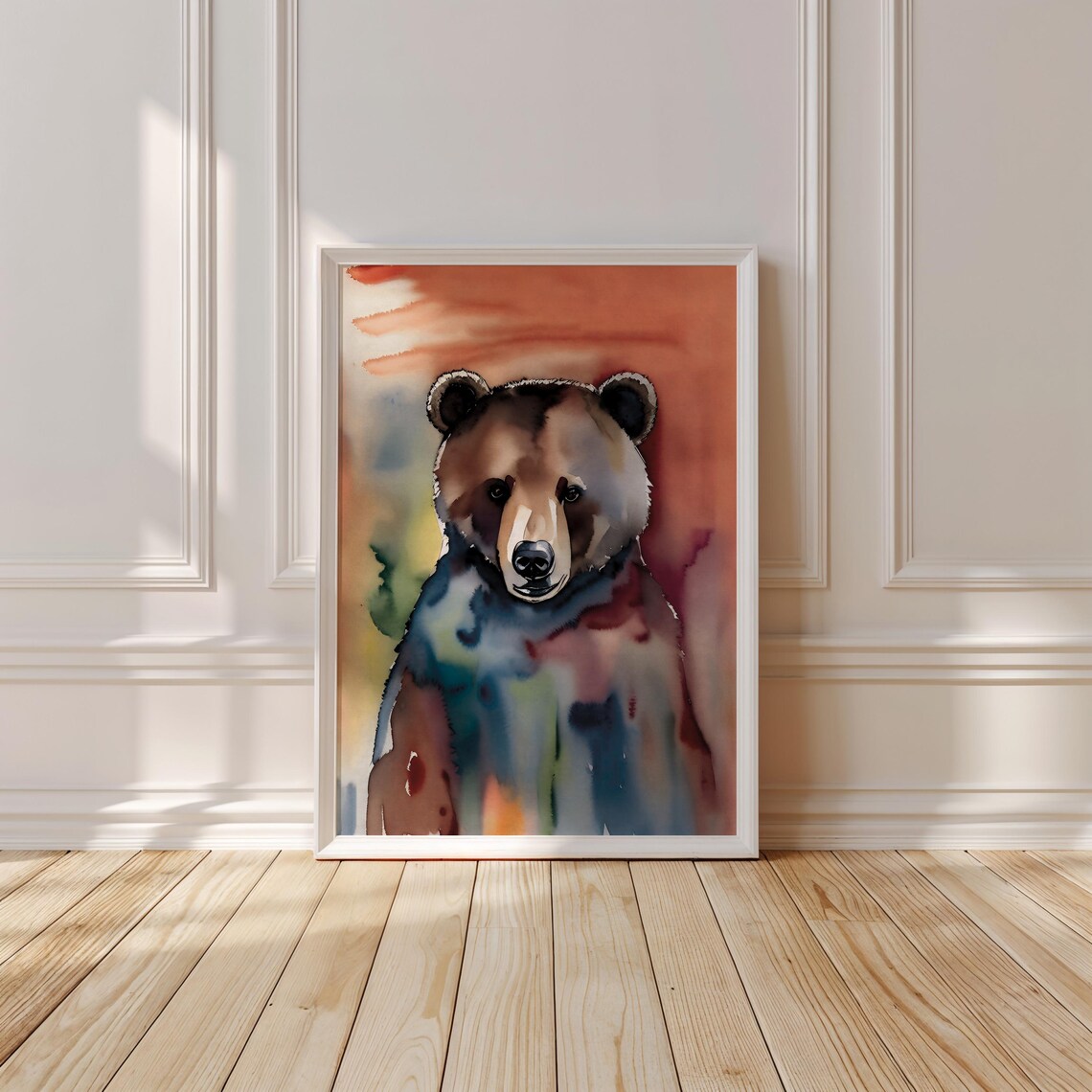 Loose Watercolor Bear Portrait in Rust and Teal Washes Artistic Print