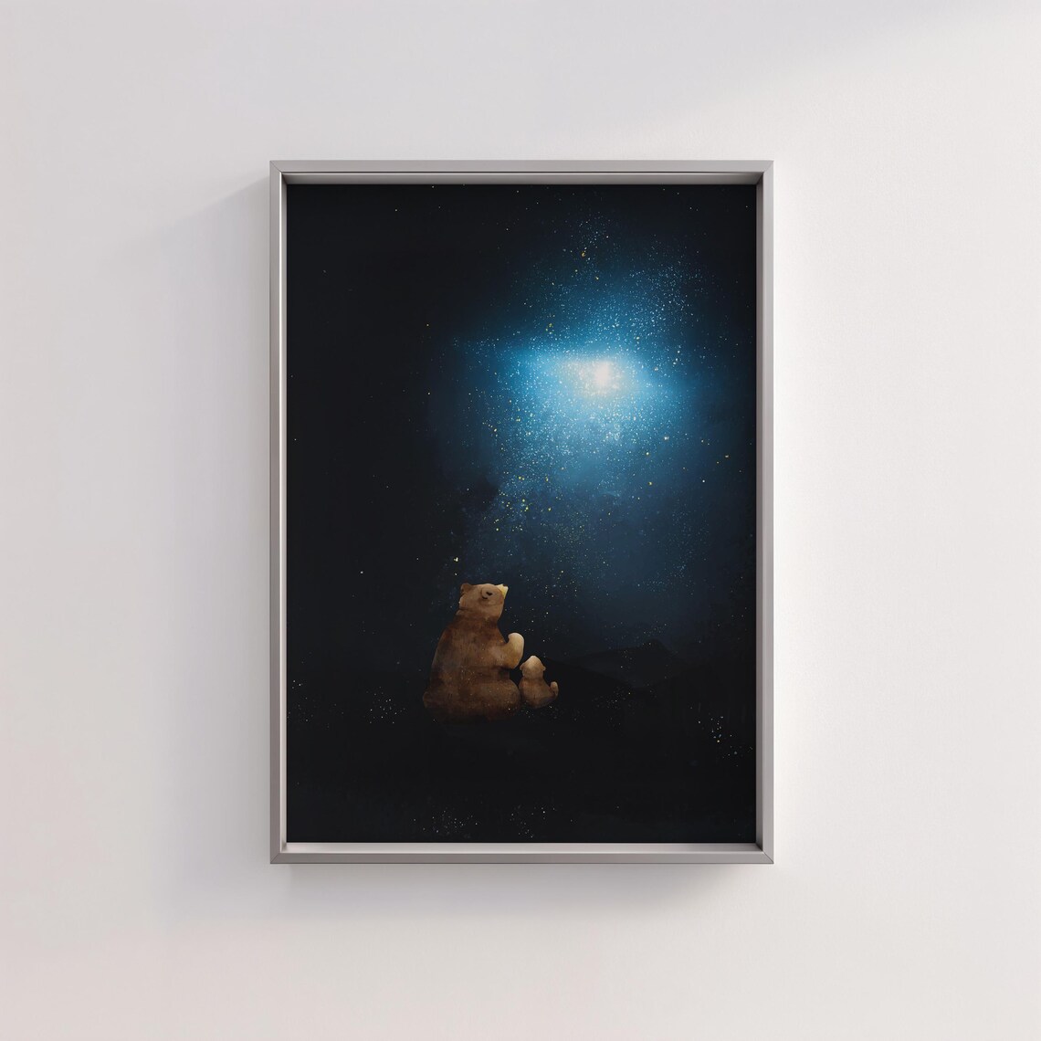 Mama Bear and Cub Gazing at a Glowing Blue Nebula Night Sky Art Print - Image 2