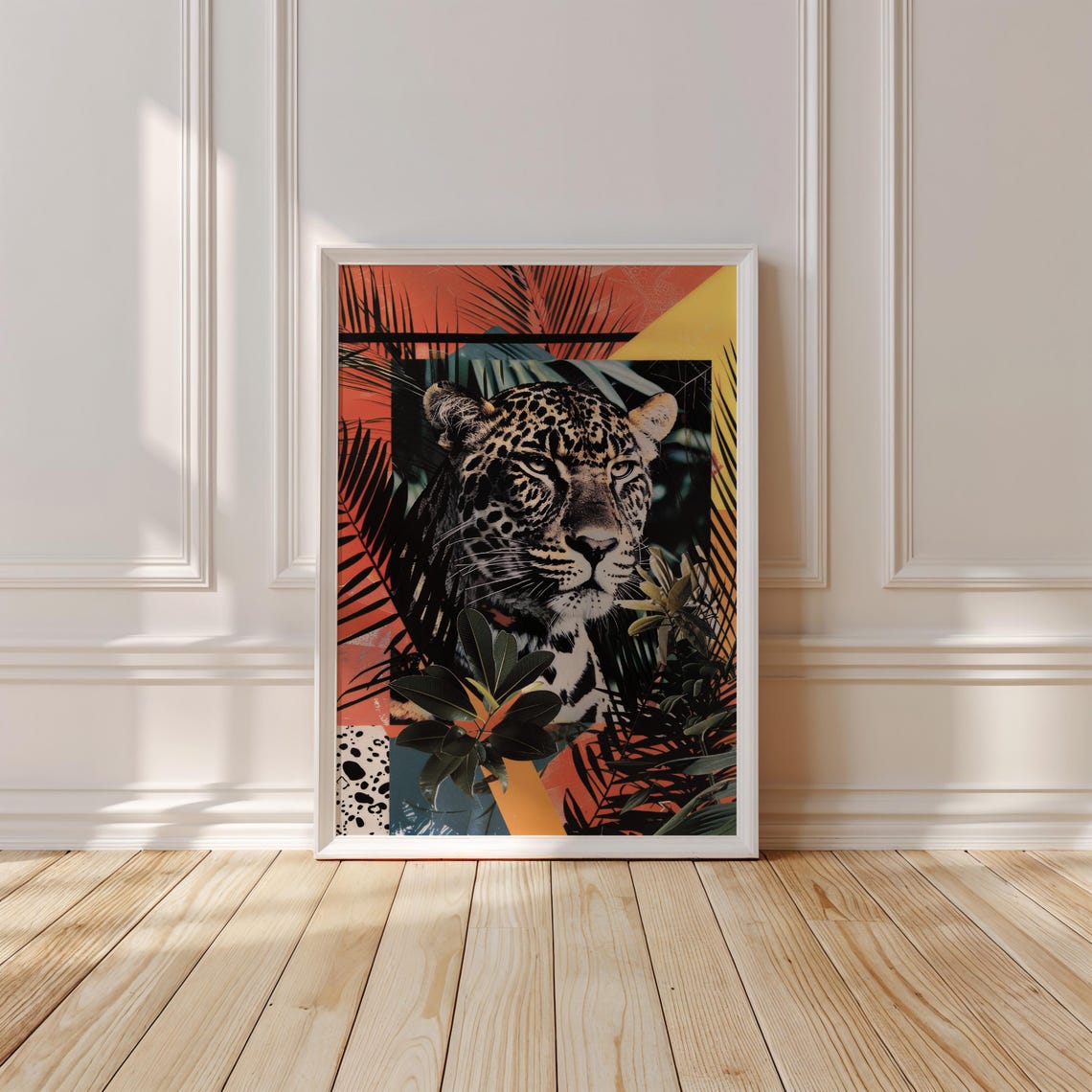 Tropical Pop Art Jaguar Head Collage in Palm Leaves Bold Color Poster