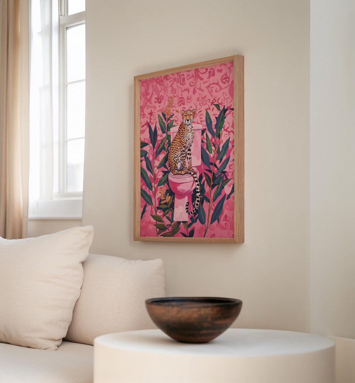 Quirky Cheetah Sitting on a Pink Toilet Maximalist Bathroom Art Poster - Image 2
