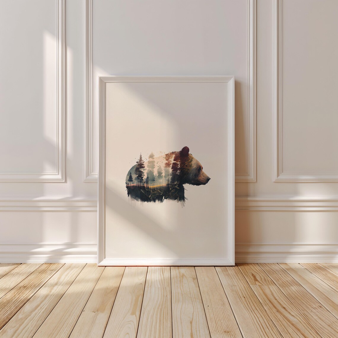 Bear Head in Profile With Forest Double Exposure Earthy Toned Art Print