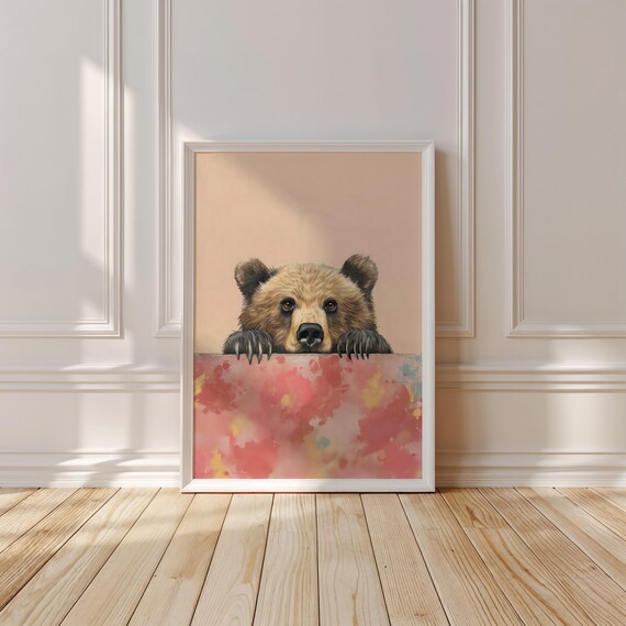 Cute Bear Cub Peeking Over a Coral Pink Watercolor Wash Nursery Print