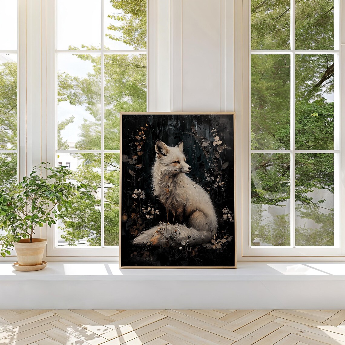 Enchanted White Fox in a Moonlit Dark Forest Floral Illustration Poster - Image 2