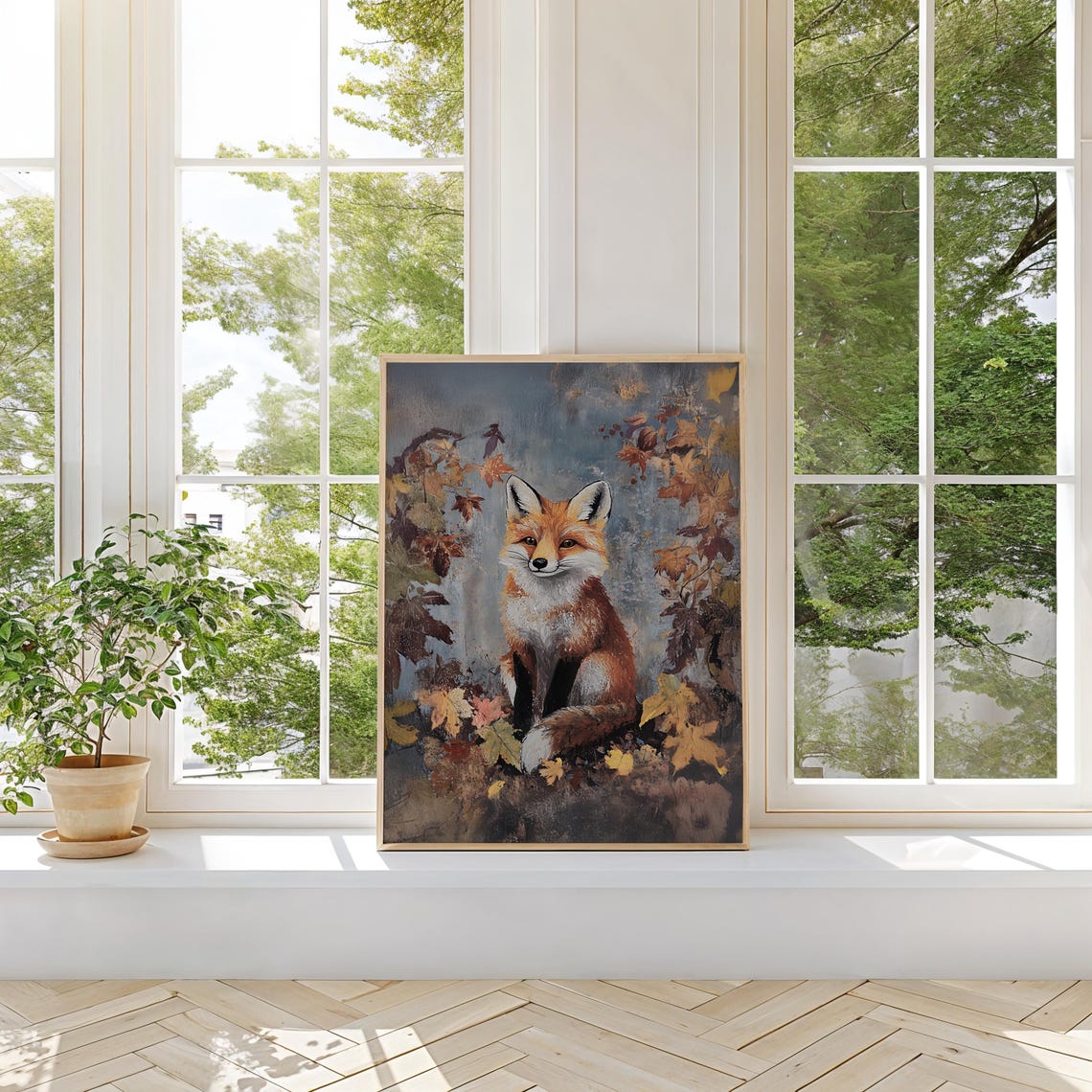Red Fox Among Golden Autumn Leaves in Rustic Vintage Style Wall Art - Image 2