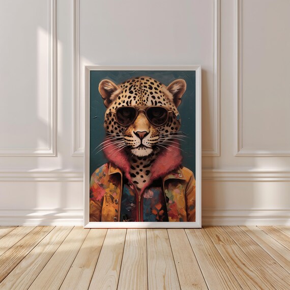 Cool Leopard in Aviator Sunglasses and Retro Jacket Fashion Art Poster