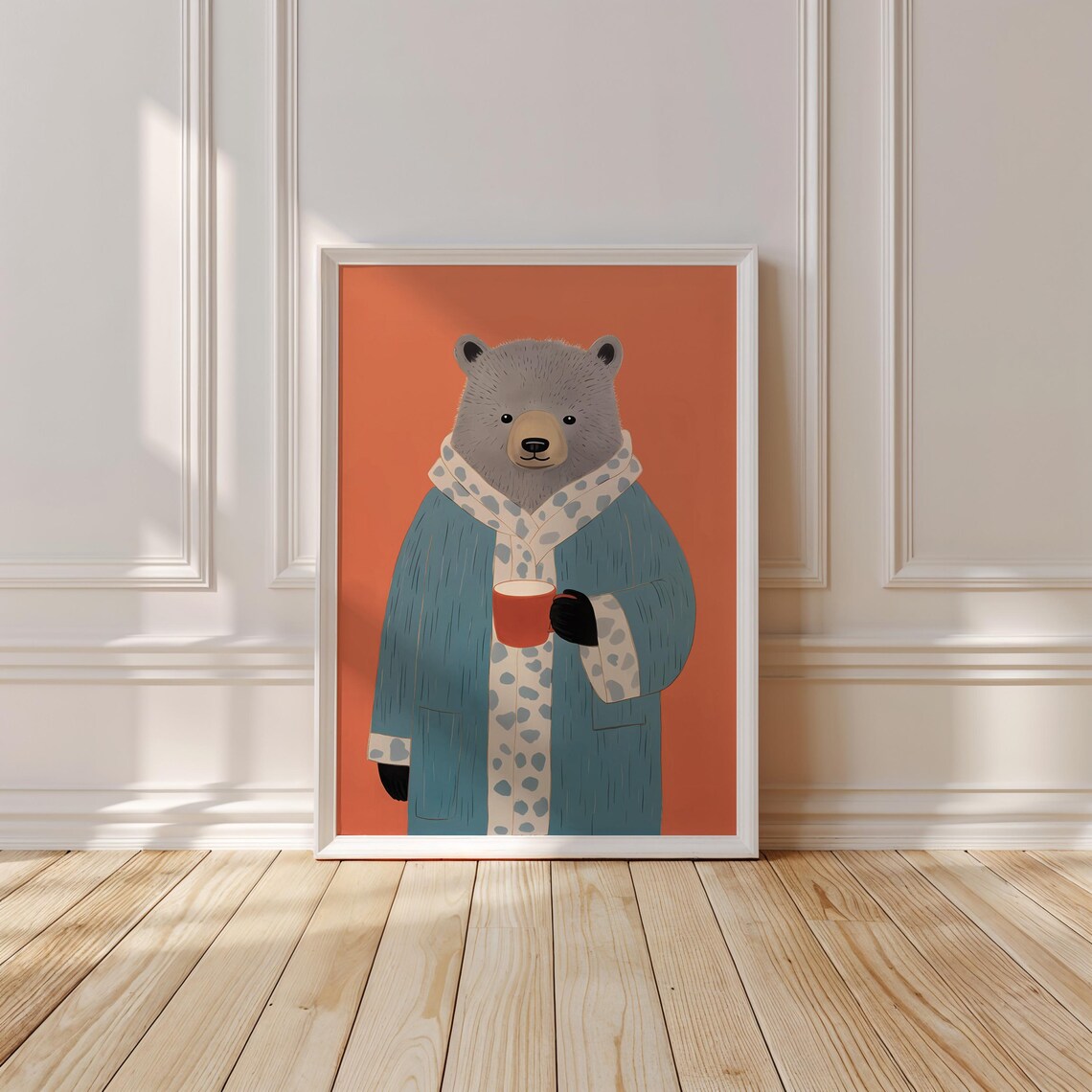 Cozy Cartoon Bear in Bathrobe Holding Morning Coffee Cup Retro Art Print