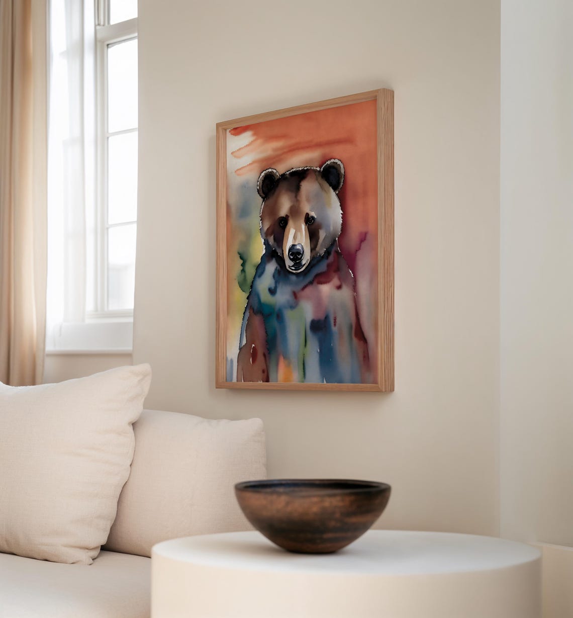 Loose Watercolor Bear Portrait in Rust and Teal Washes Artistic Print - Image 3