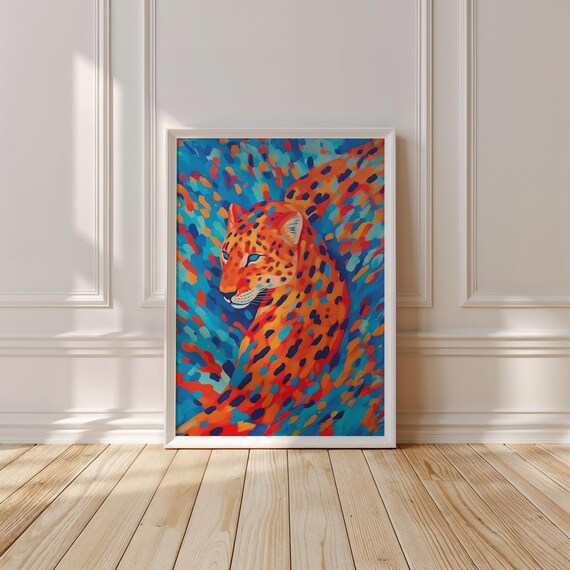 Fauvist Orange Leopard in Expressive Brushstrokes on Turquoise Art Poster