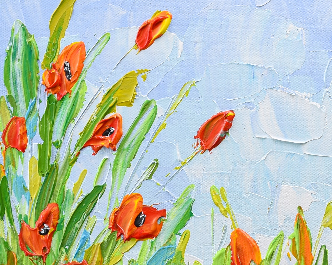 Red Poppy Meadow Green Grass Blue Sky Textured Impasto Art Poster - Image 3