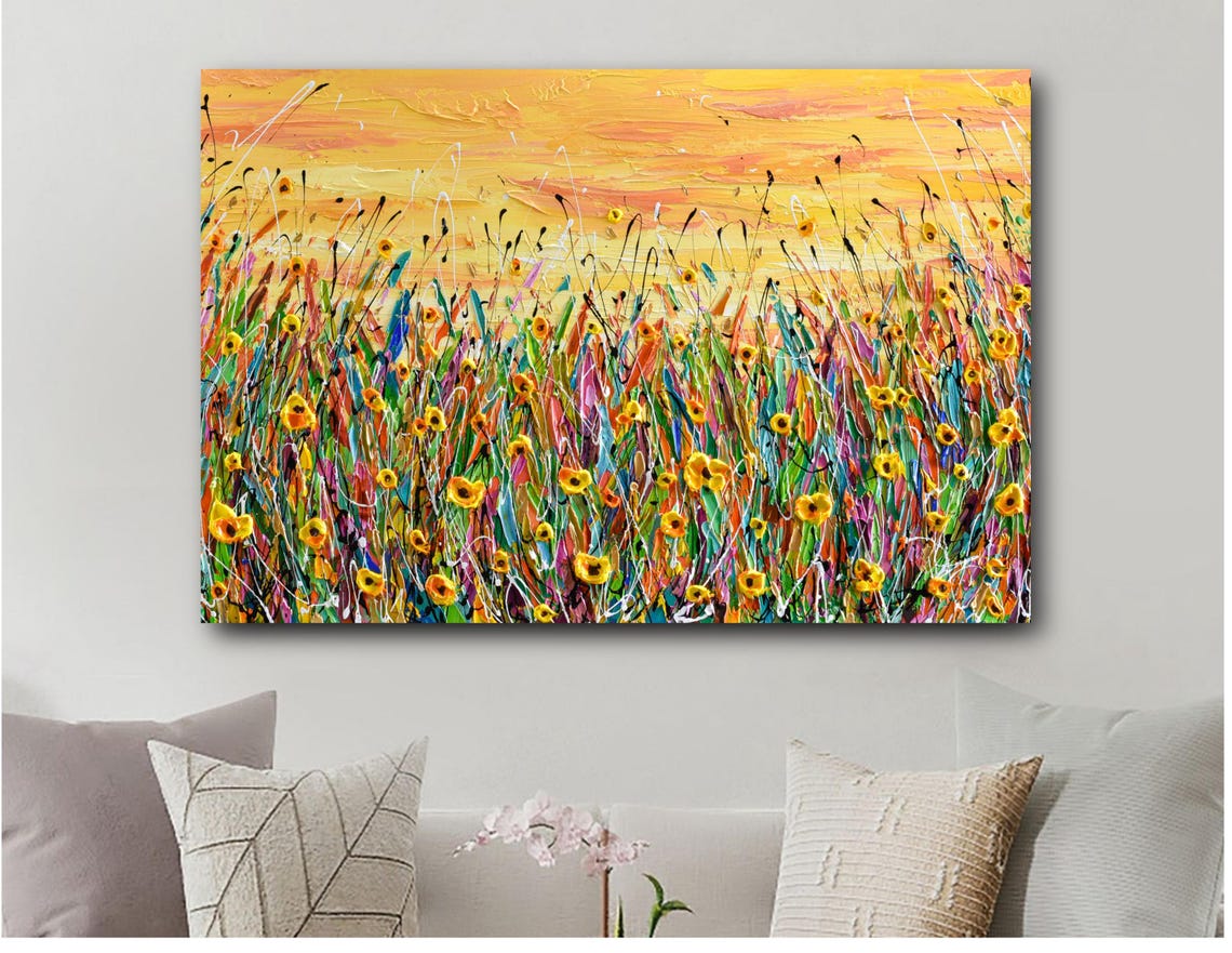 Yellow Flower Field Sunset Painting Warm Golden Meadow Blooms Poster - Image 3