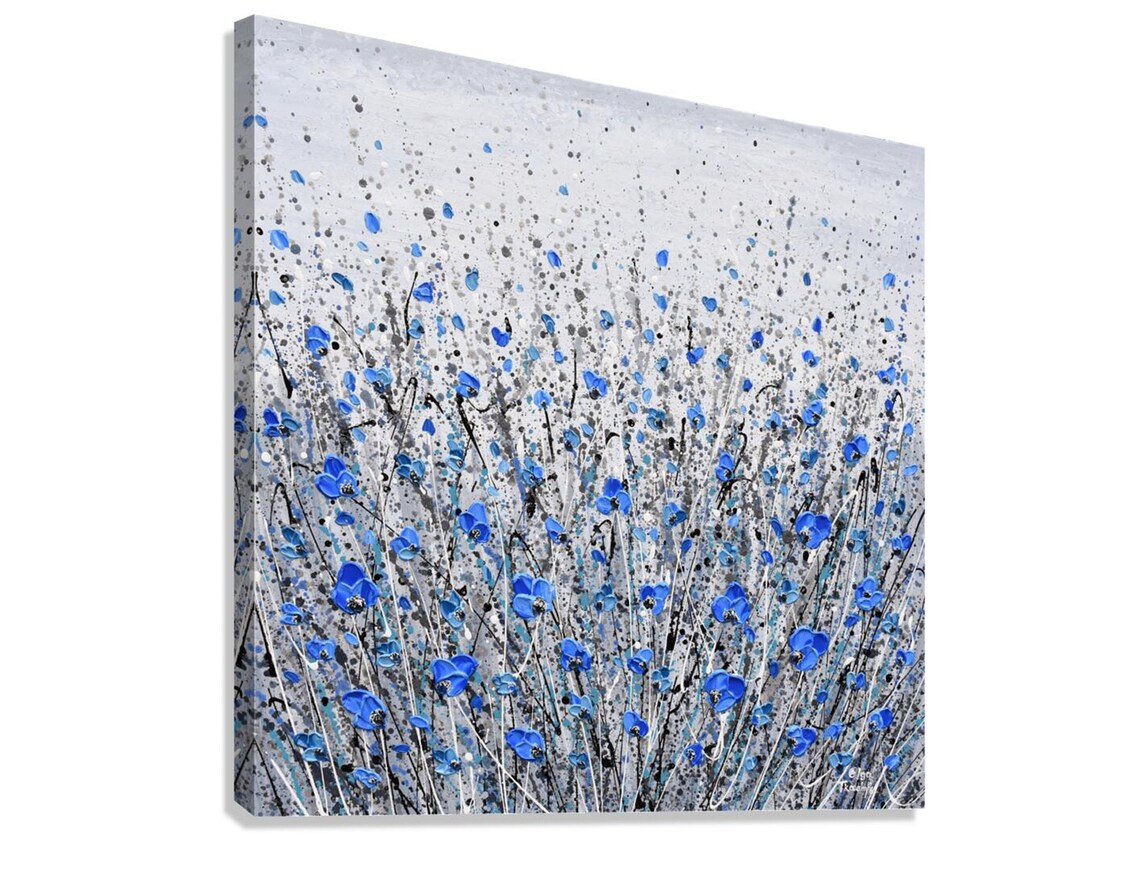 Blue Flowers on Gray Abstract Floral Art Print - Image 3