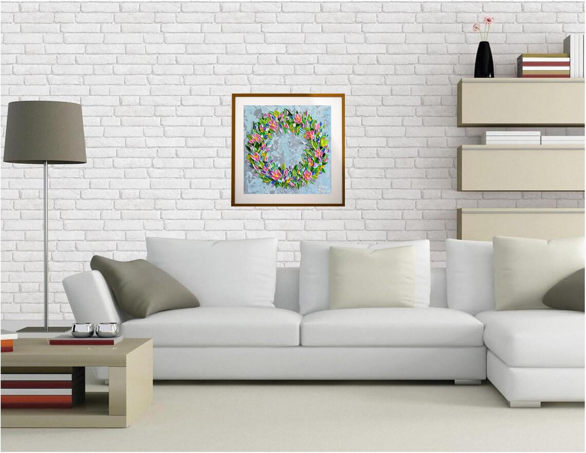 Pink Flower Wreath Spring Purple Blossom Blue Floral Art Poster - Image 2