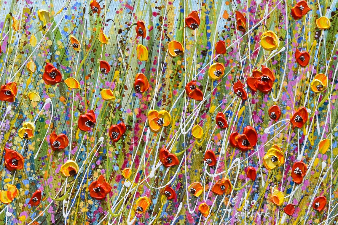 Red Poppy Yellow Wildflower Field Panoramic Summer Meadow Art Print - Image 2