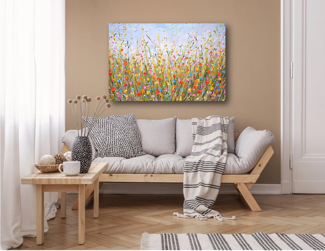 Colorful Wildflower Meadow Painting Pink Red Yellow Blooms Wall Poster