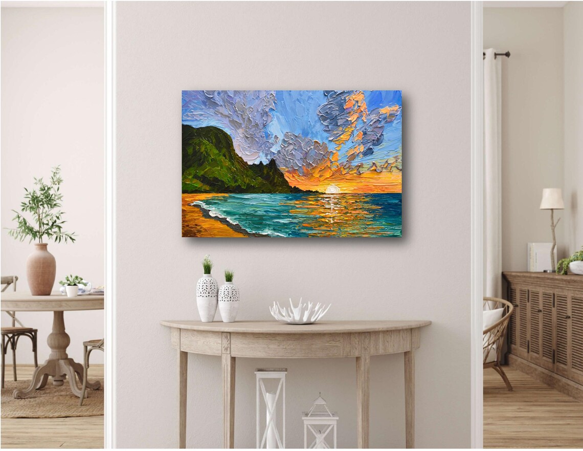 Lake Sunset Poster, Mountain Seascape Impressionist Art - Image 3