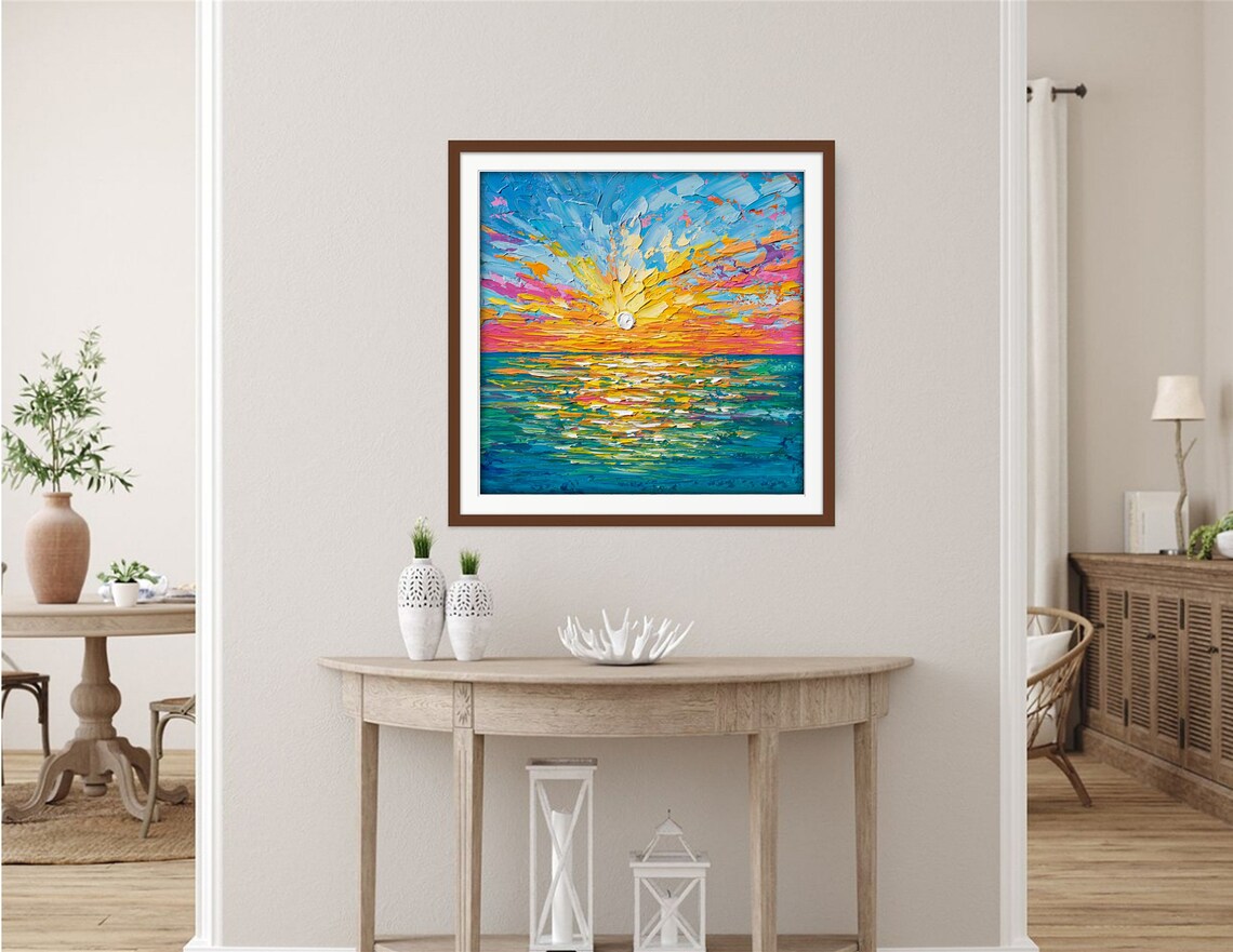 Ocean Sunset, Bright Teal Coastal Seascape Art Print - Image 3