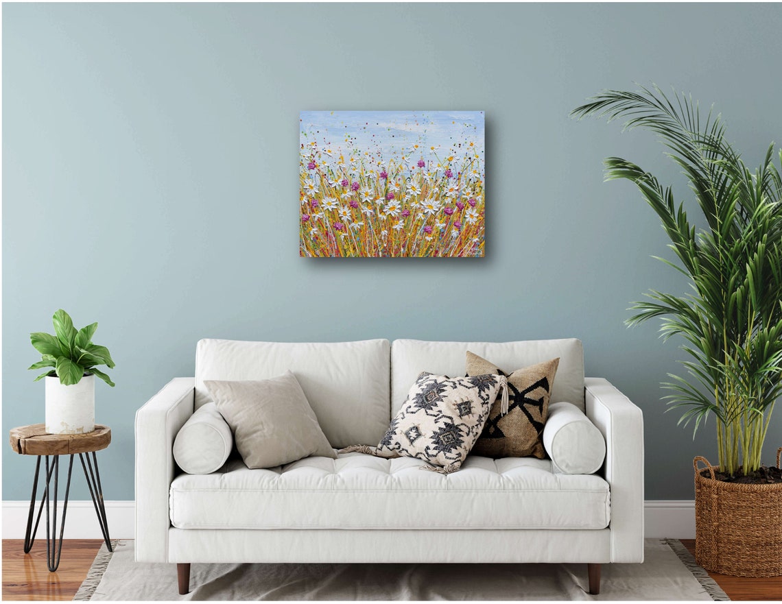 White Daisy Meadow Wildflower Field Pink Blossom Impasto Art Print - Image 2