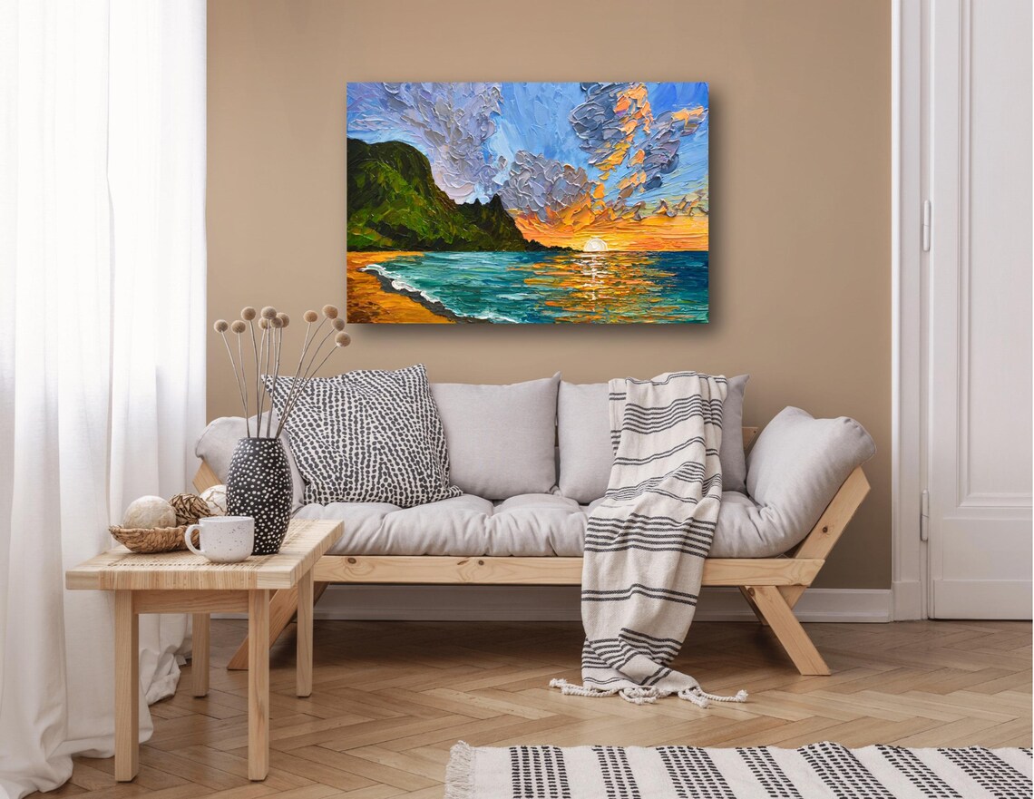 Lake Sunset Poster, Mountain Seascape Impressionist Art - Image 2