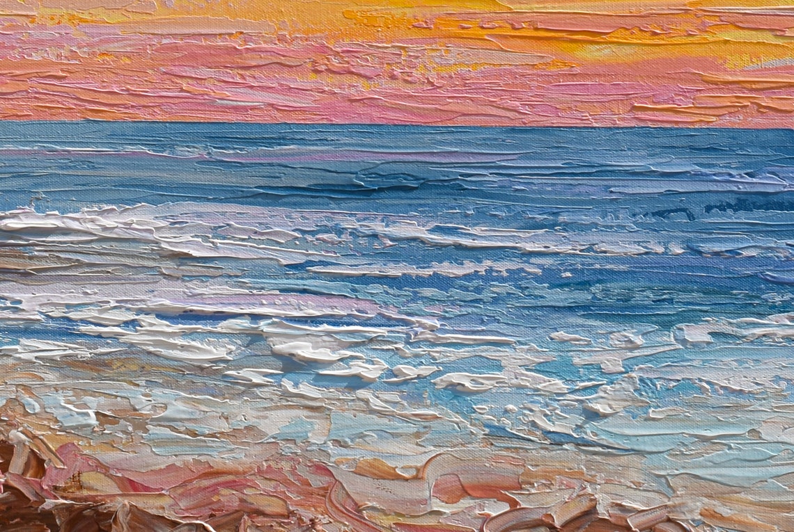 Pink Sunset Ocean Seascape Panoramic Orange Sky Palette Knife Poster - Image 2