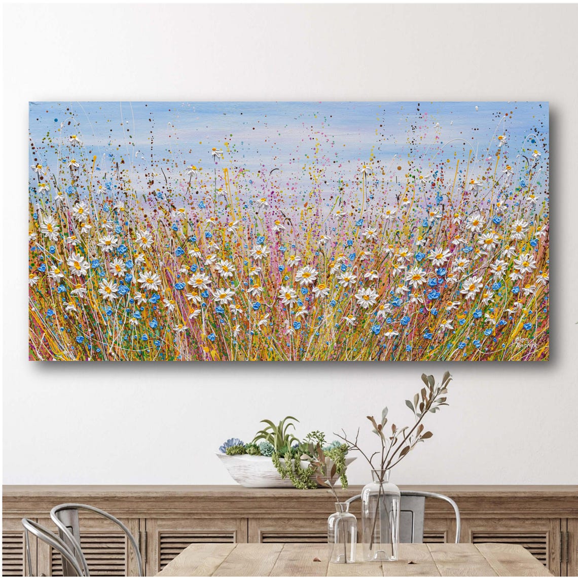 White Daisies Blue Cornflowers Panoramic Field Splatter Art Poster