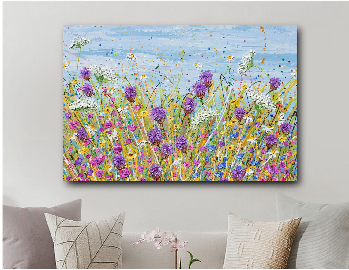 Purple Wildflowers Field Painting Blue Sky Lavender Blooms Wall Poster - Image 3
