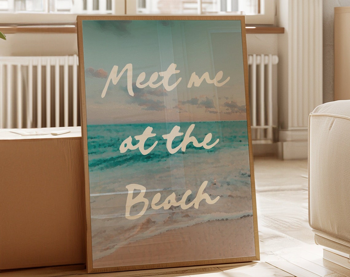 Meet Me At The Beach Dreamy Watercolor Ocean Script Coastal Poster