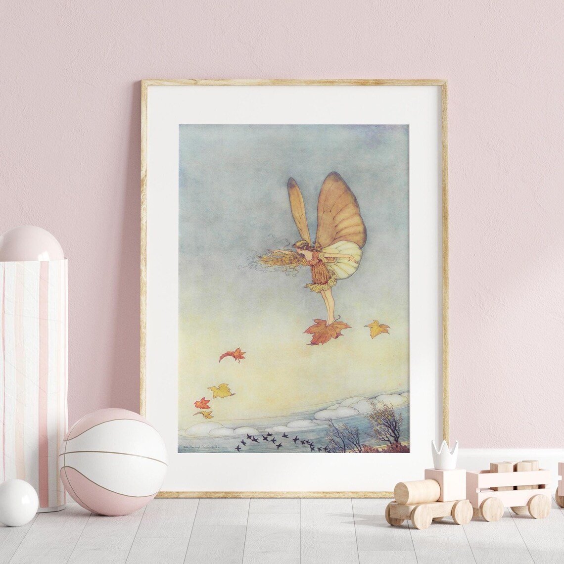 Vintage Autumn Fairy Riding Leaf Retro Nursery Illustration Print