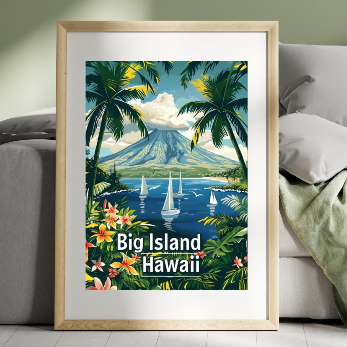 Big Island Hawaii Volcano Sailboats Retro Vintage Travel Poster