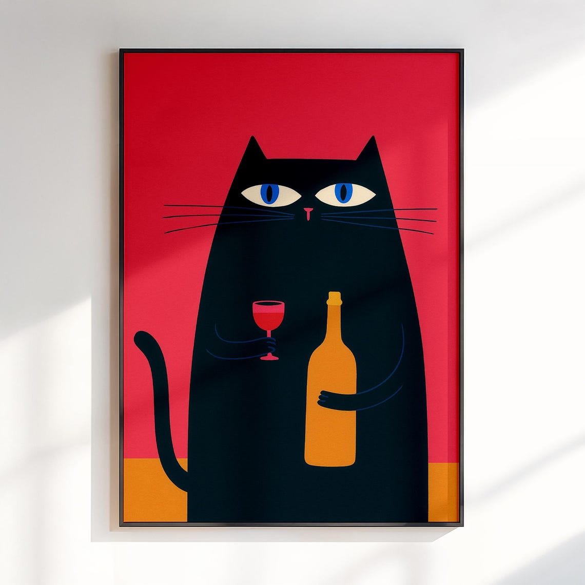 Cheers Black Cat Holding Wine Mid Century Modern Kitchen Decor Poster