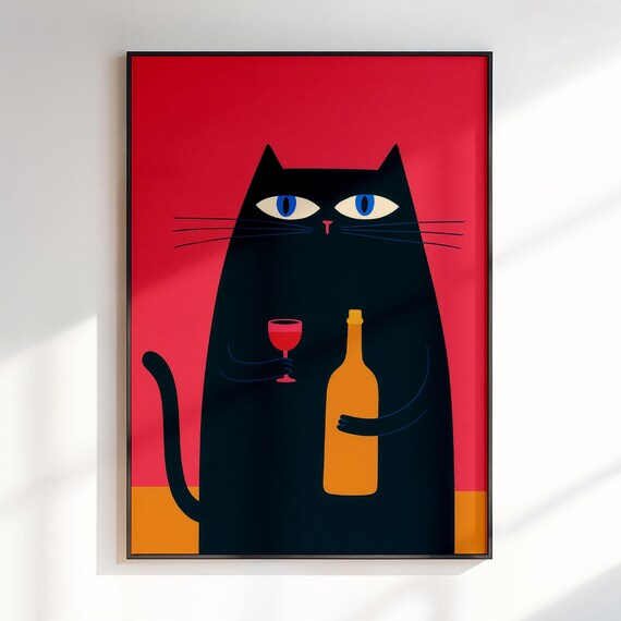 Cheers Black Cat Holding Wine Mid Century Modern Kitchen Decor Poster