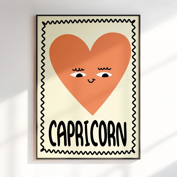 Capricorn Smiling Orange Heart Face Cute Kids Zodiac Star Sign Poster