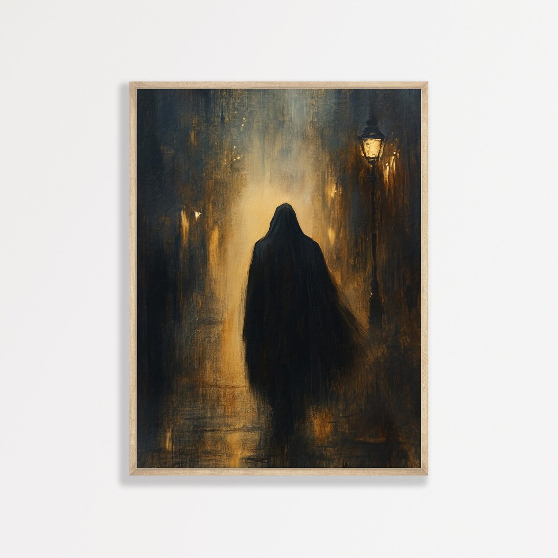 Misty Night Wanderer Cloaked Figure Lantern Street Moody Art Poster